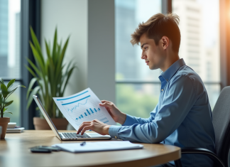 Jeune professionnel analysant des documents financiers dans un bureau lumineux