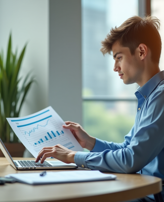 Jeune professionnel analysant des documents financiers dans un bureau lumineux