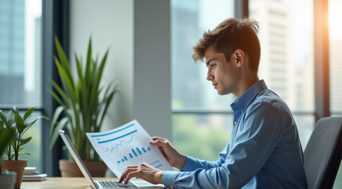 Jeune professionnel analysant des documents financiers dans un bureau lumineux