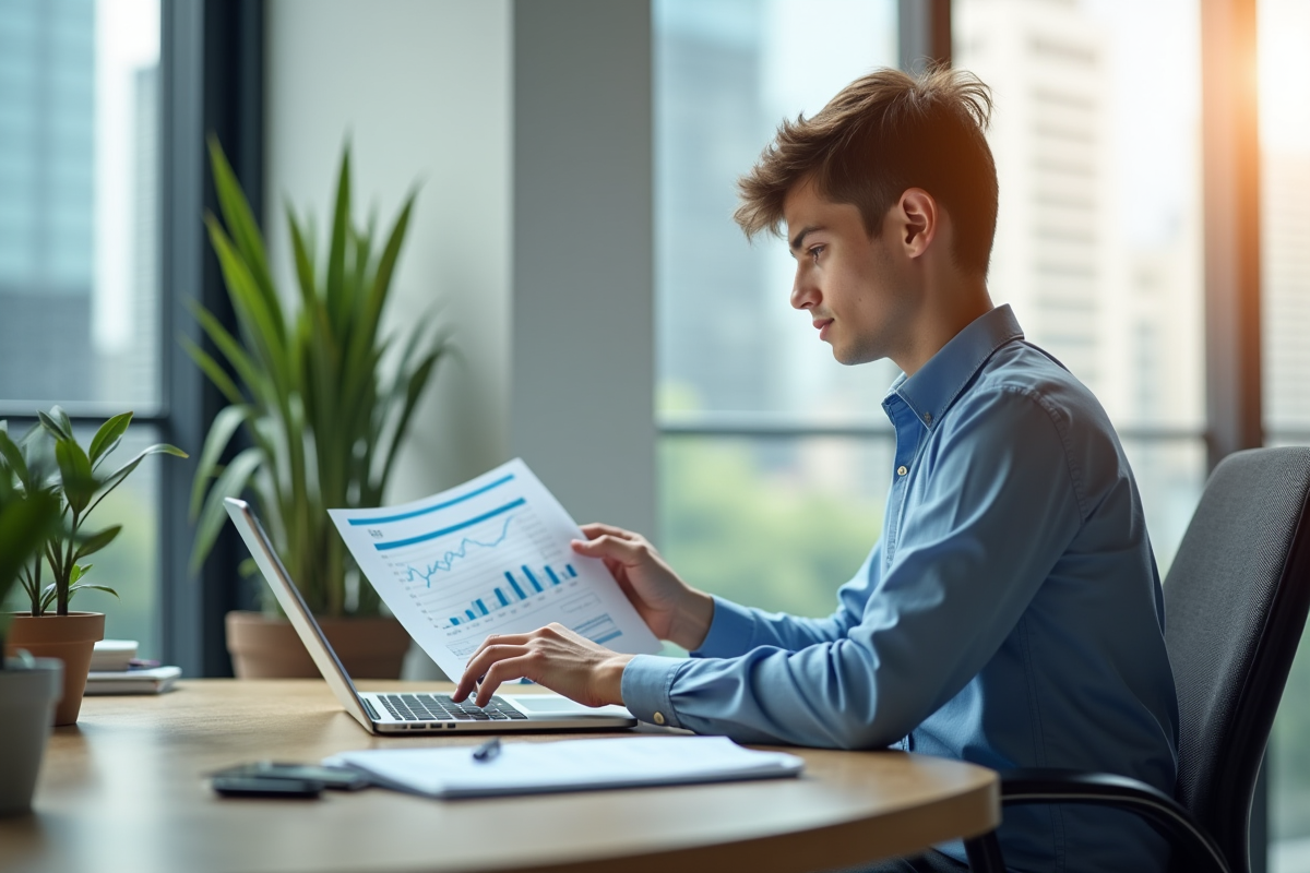 Jeune professionnel analysant des documents financiers dans un bureau lumineux