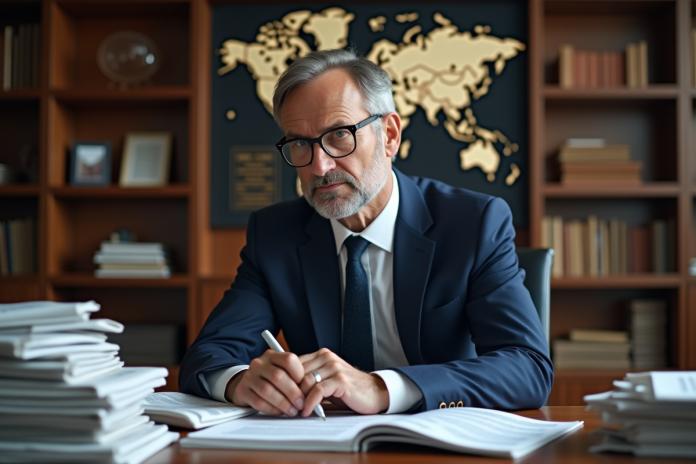 journaliste-analysant-titres Journaliste en costume analysant des titres de journaux