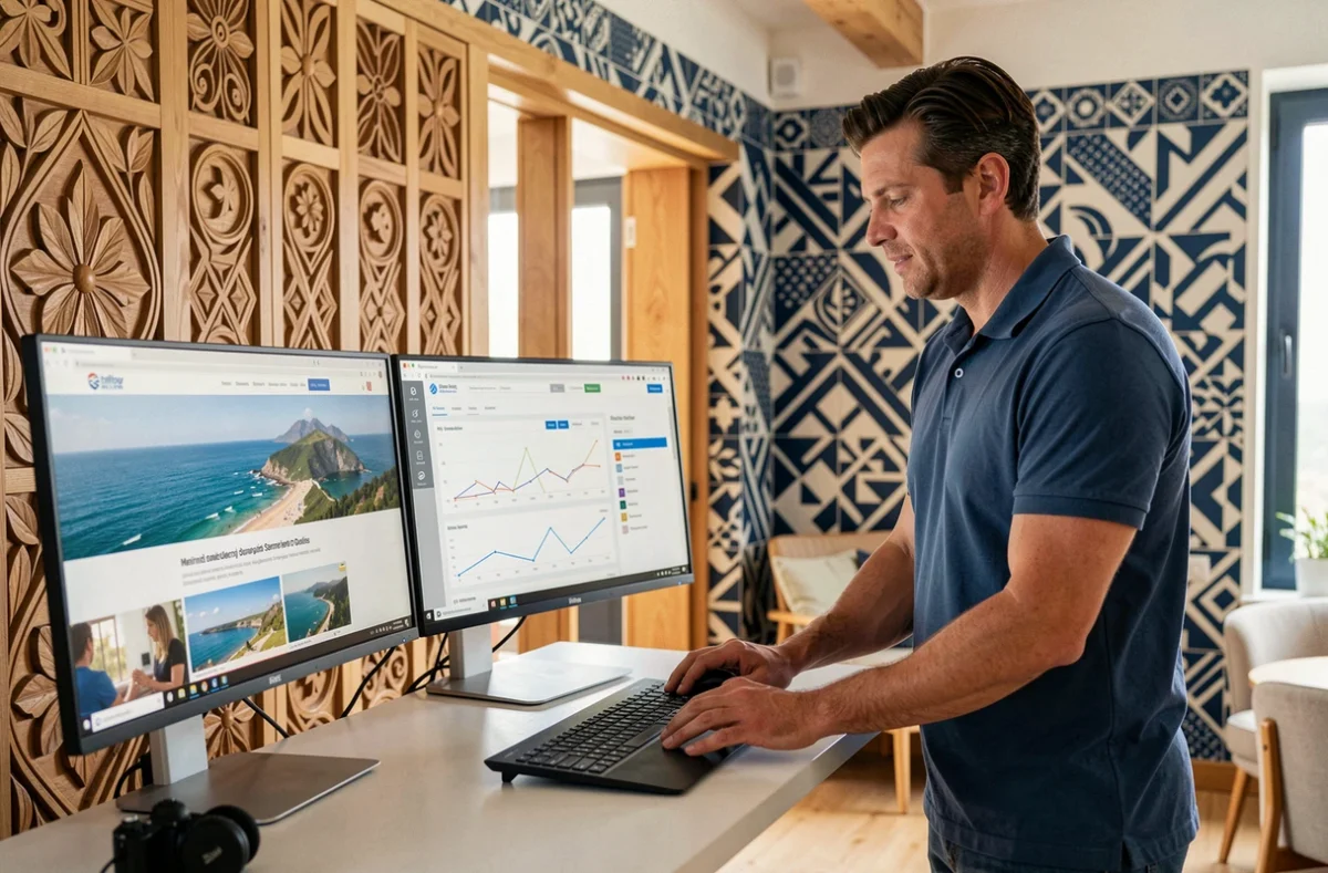 Chef de projet digital de Kalipso travaillant sur un site web dans un bureau alliant références basques et landaises