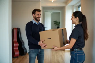 Jeune homme recevant un colis dans un appartement moderne