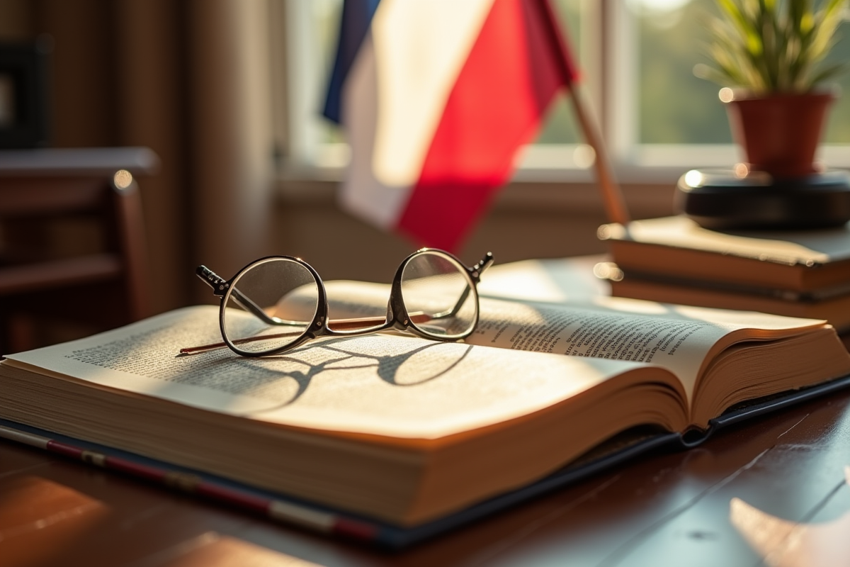 Livre de droit français ouvert avec passages surlignes et lunettes sur un bureau ensoleille