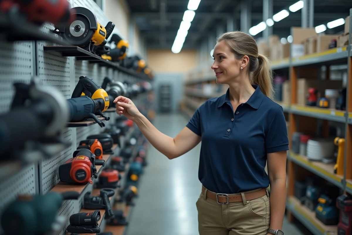 Femme cheffe de chantier choisissant des outils professionnels dans un magasin de location d'outillage
