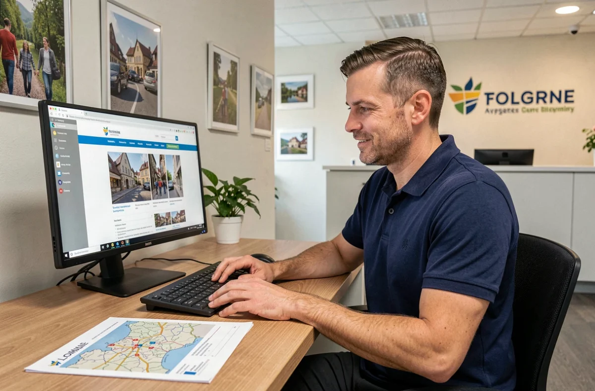 Consultant digital de l'agence Lorraine Web examinant un site web régional dans un bureau professionnel avec des références locales