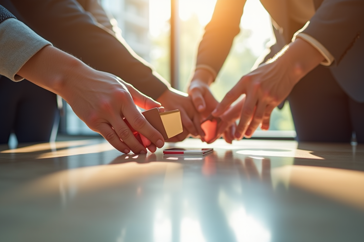 Mains réunies autour de cartes cadeaux sur une table brillante en réunion