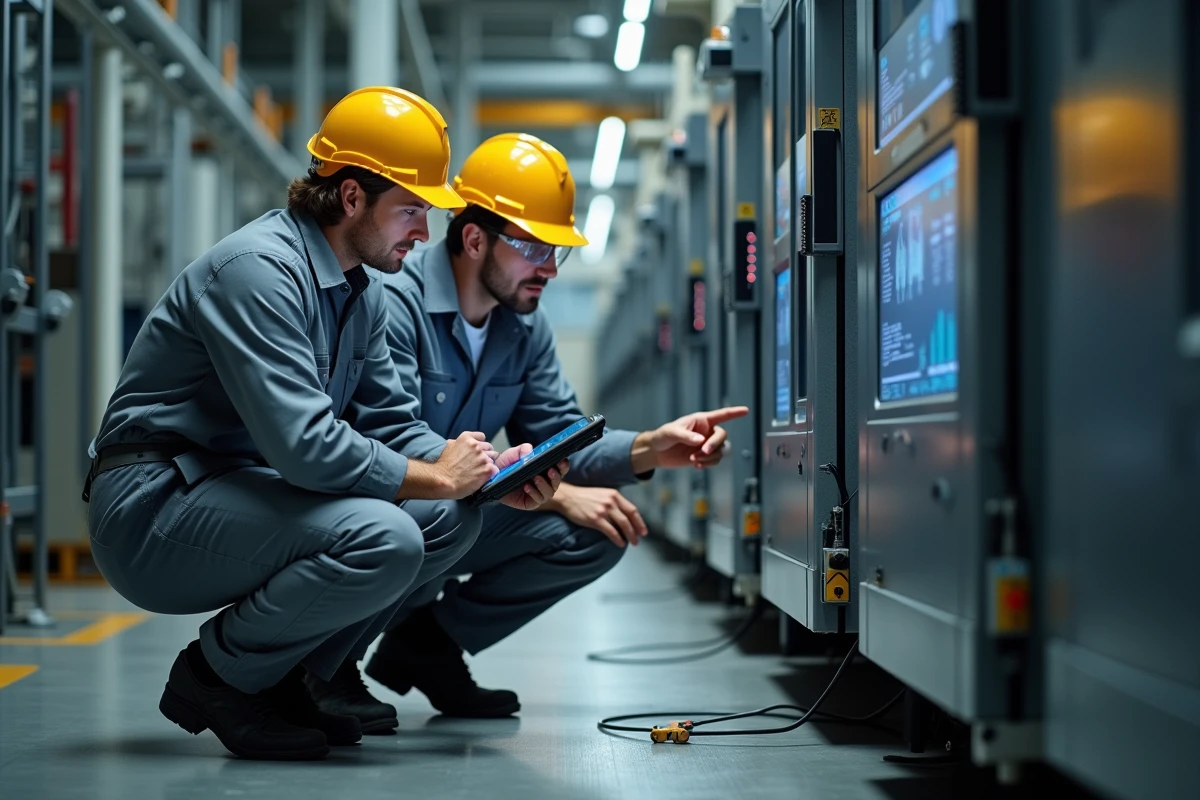 Deux techniciens d'usine analysant des données de maintenance prédictive sur une tablette connectée à des capteurs IoT installés sur une machine industrielle