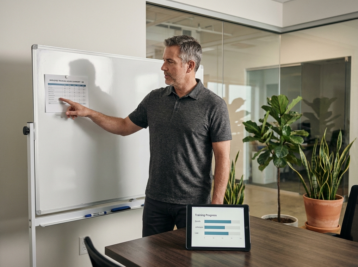Manager expliquant un planning de formation professionnelle devant un tableau en salle de réunion
