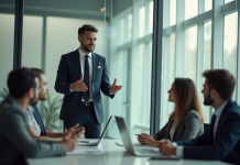 Manager en réunion dans un bureau moderne lumineux
