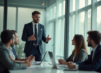 Manager en réunion dans un bureau moderne lumineux