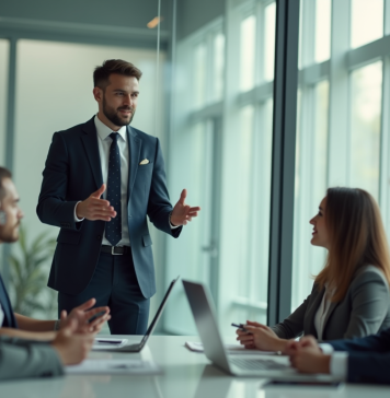 Manager en réunion dans un bureau moderne lumineux