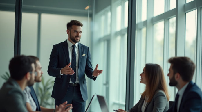 Manager en réunion dans un bureau moderne lumineux