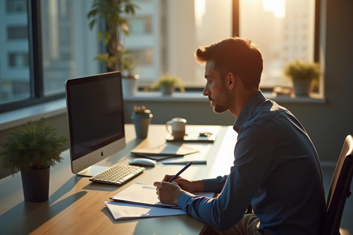 Manager vérifiant des documents à son bureau minimaliste