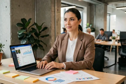 Marketeuse analysant une stratégie digitale des 4 P sur un tableau de bord de réseaux sociaux dans un bureau moderne