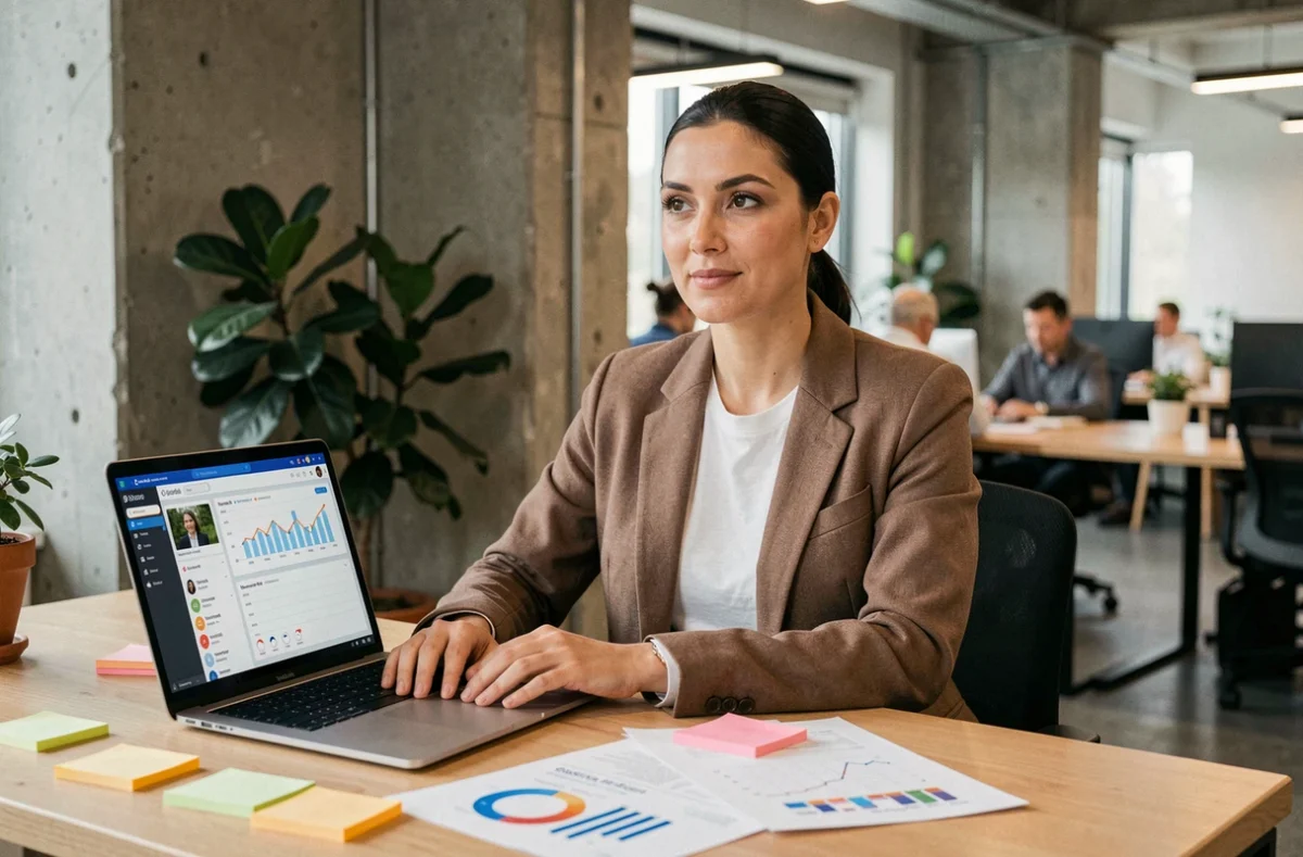 Marketeuse analysant une stratégie digitale des 4 P sur un tableau de bord de réseaux sociaux dans un bureau moderne