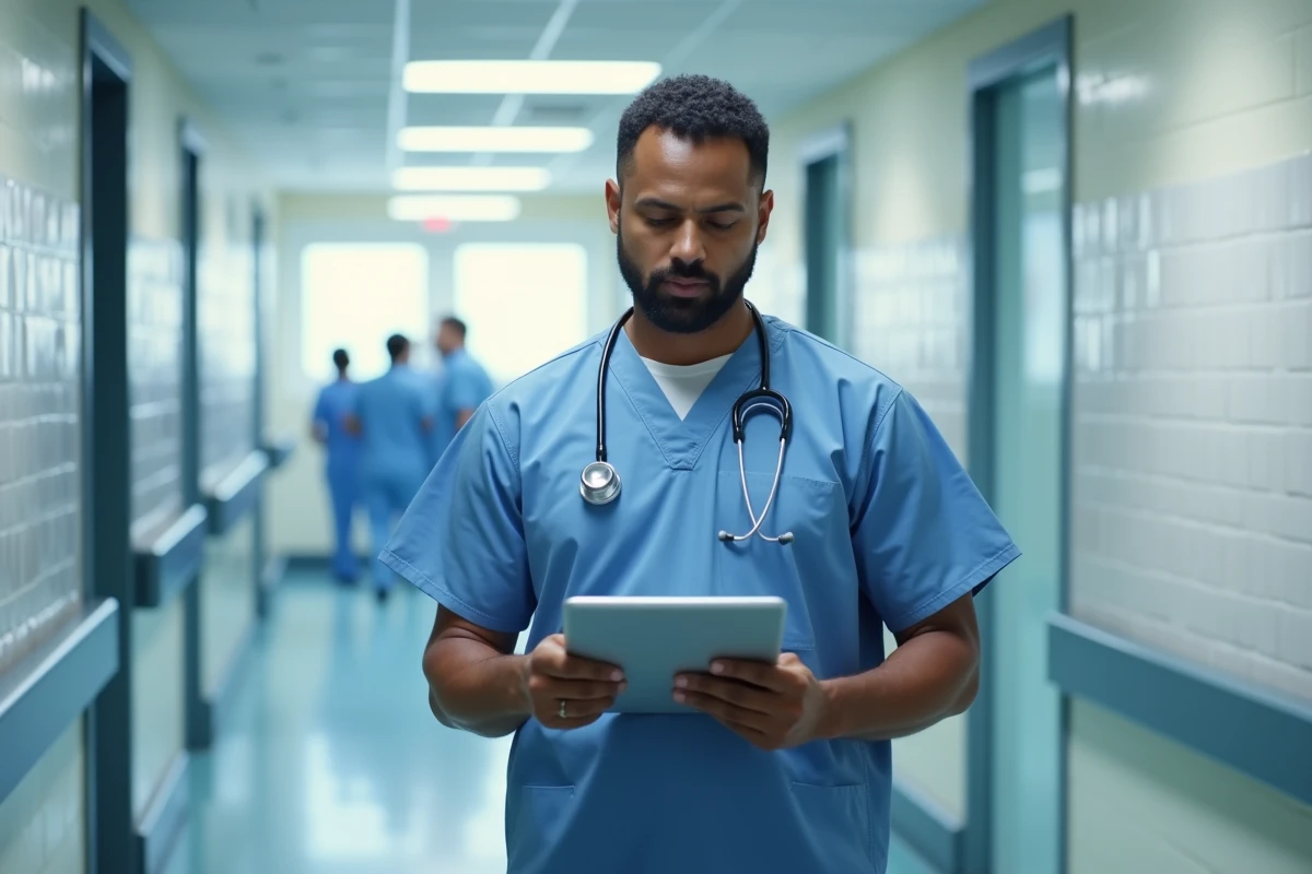 Médecin en couloir d'hôpital consultant une tablette, symbole des professions médicales parmi les métiers les plus rémunérateurs