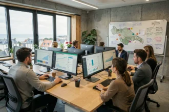 Vue d'ensemble d'une agence SEO bretonne moderne avec des équipes travaillant sur des tableaux de bord d'analyse et une carte de la Bretagne au mur