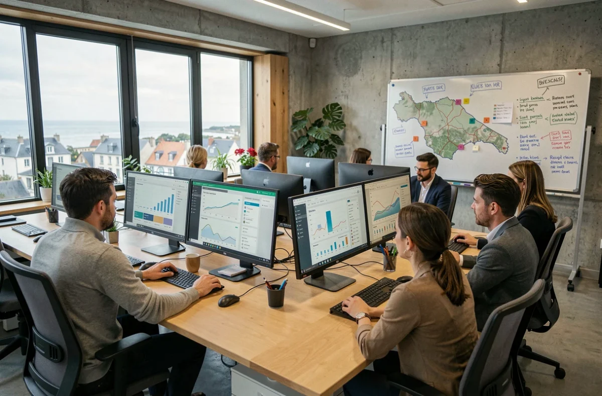 Vue d'ensemble d'une agence SEO bretonne moderne avec des équipes travaillant sur des tableaux de bord d'analyse et une carte de la Bretagne au mur