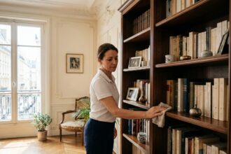 Femme professionnelle effectuant le ménage à domicile dans un appartement parisien élégant pour Centre Services Rueil-Malmaison
