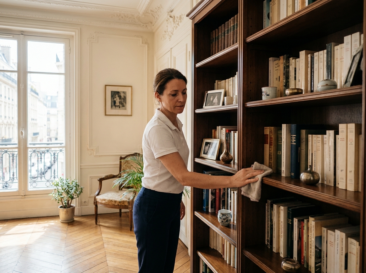 Femme professionnelle effectuant le ménage à domicile dans un appartement parisien élégant pour Centre Services Rueil-Malmaison
