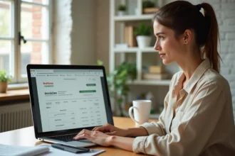 Micro-entrepreneuse utilisant un logiciel de facturation en ligne sur son ordinateur portable dans un bureau à domicile
