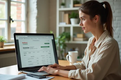Micro-entrepreneuse utilisant un logiciel de facturation en ligne sur son ordinateur portable dans un bureau à domicile