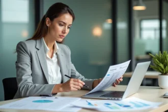 Femme en blazer gris travaillant sur un logiciel de facturation MEG avec des feuilles Excel imprimées sur son bureau