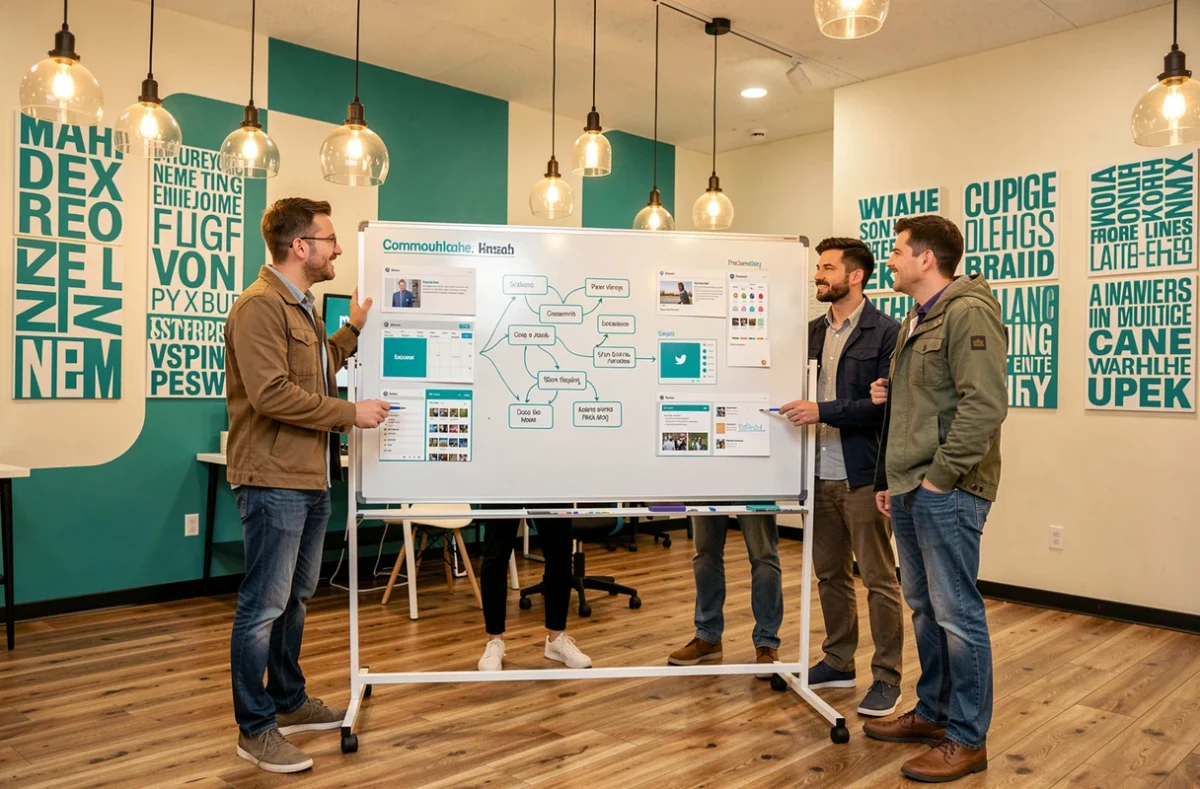 Équipe de l'agence Moovement réunie autour d'un tableau blanc pour planifier une campagne de communication digitale
