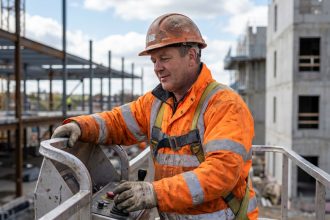 Nacelliste en équipement de sécurité sur plateforme aérienne