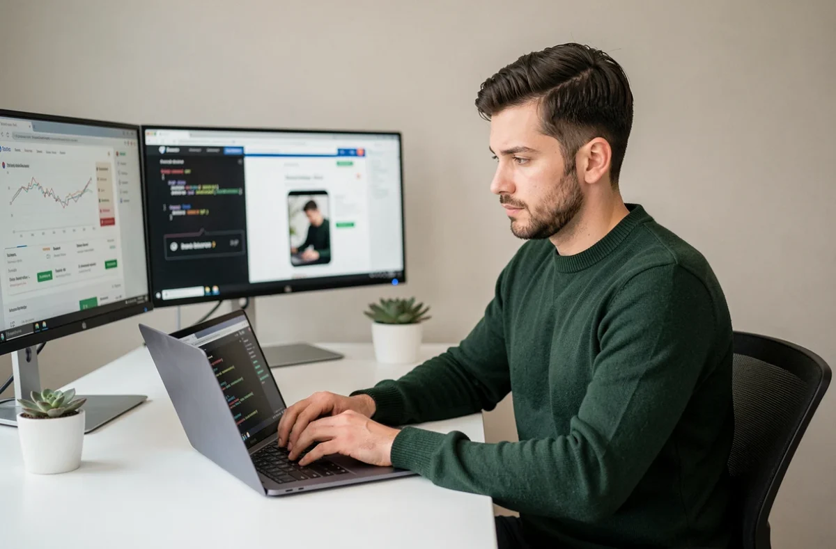 Développeur web de l'agence Netface concentré sur le codage d'un site internet responsive dans un bureau minimaliste