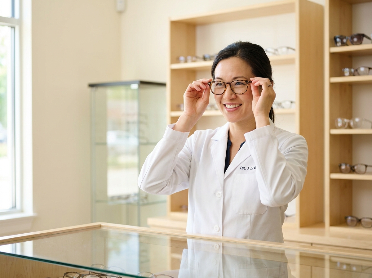 Opticienne indépendante souriante dans sa boutique d'optique moderne, ajustant une monture de lunettes derrière le comptoir