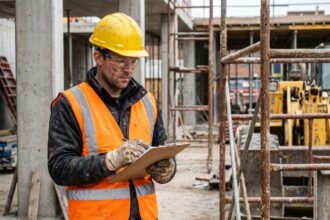 Ouvrier de chantier portant des équipements de protection individuelle complets incluant casque, gilet haute visibilité, lunettes de sécurité et gants de travail