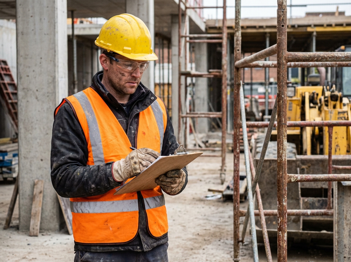 Ouvrier de chantier portant des équipements de protection individuelle complets incluant casque, gilet haute visibilité, lunettes de sécurité et gants de travail