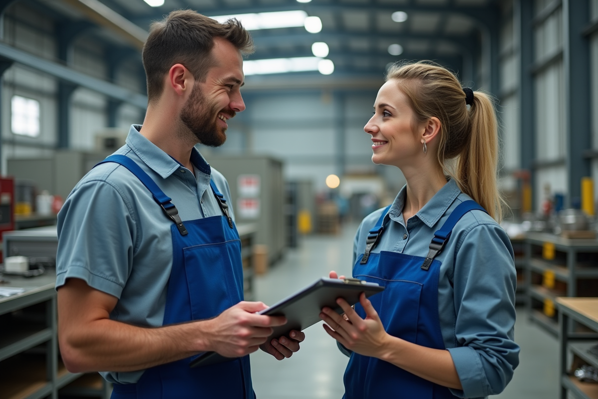Ouvrier en usine discutant avec superviseure dans l