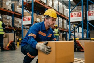 Ouvrier en uniforme de sécurité dans un entrepôt industriel
