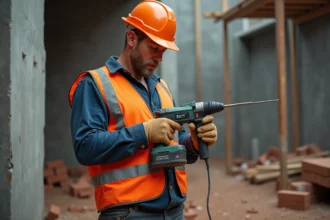 Ouvrier professionnel inspectant une perceuse-burineur électrique louée sur un chantier de rénovation urbaine
