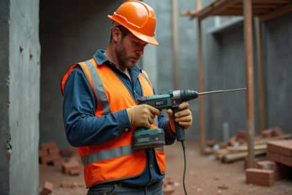 Ouvrier professionnel inspectant une perceuse-burineur électrique louée sur un chantier de rénovation urbaine
