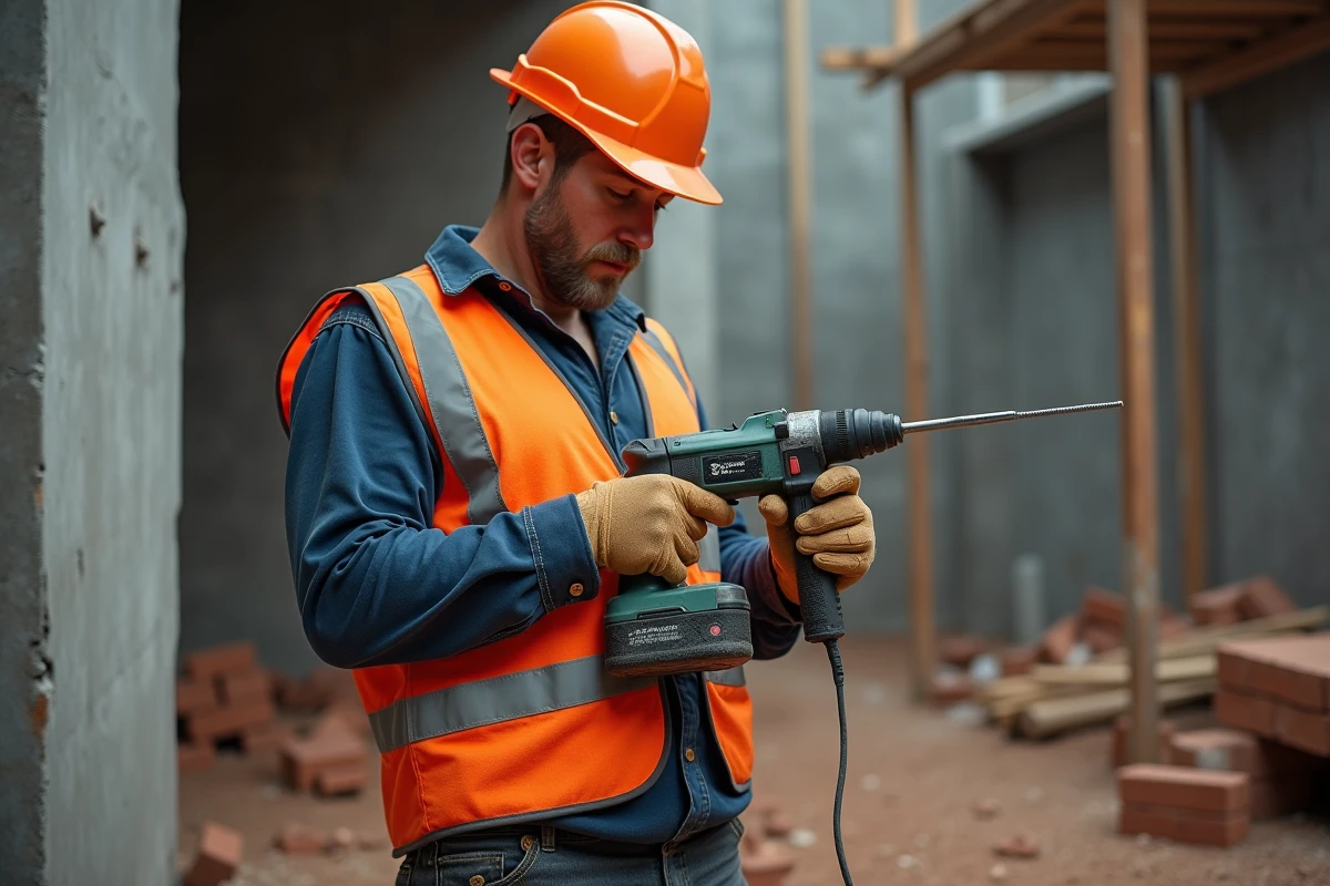 Ouvrier professionnel inspectant une perceuse-burineur électrique louée sur un chantier de rénovation urbaine