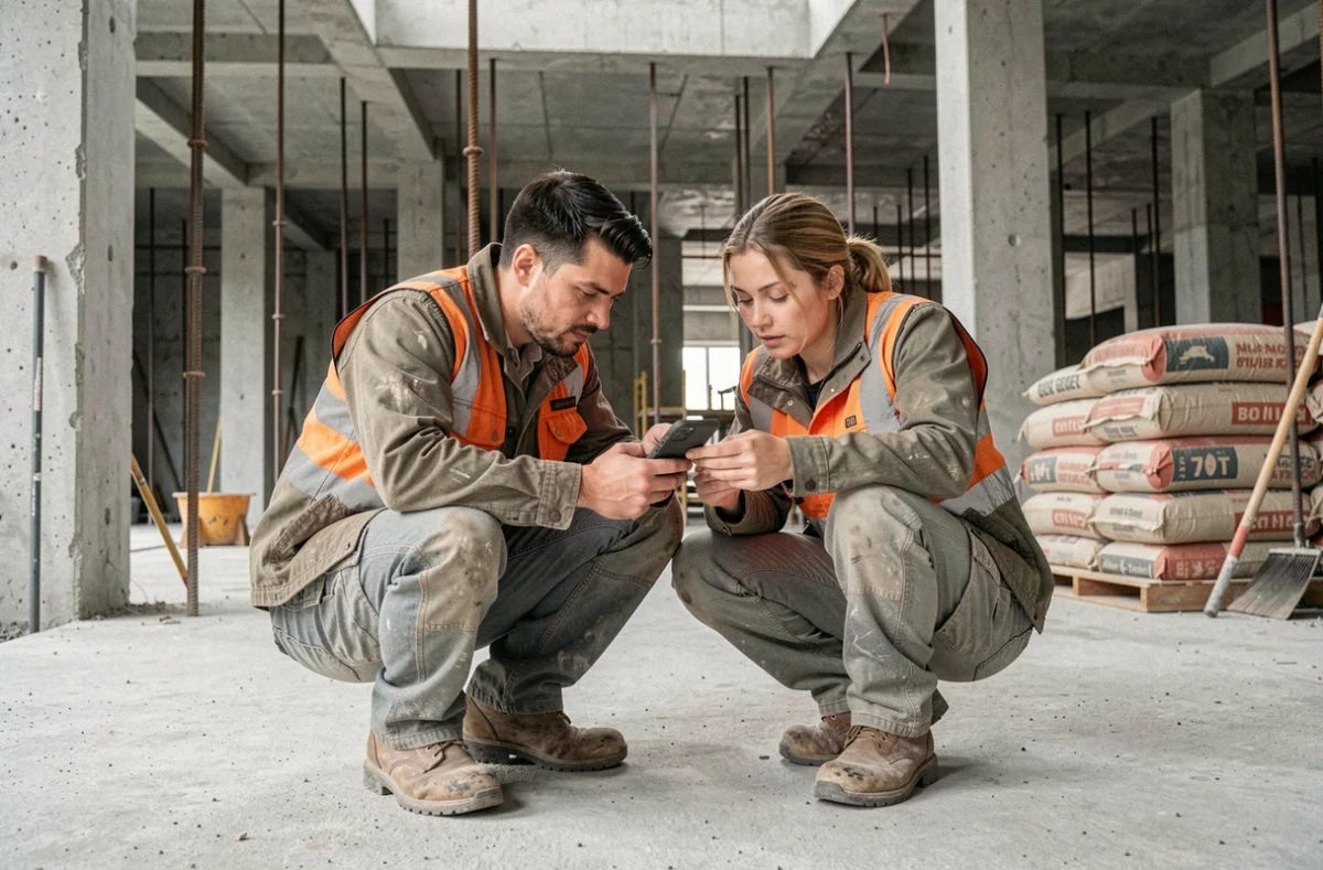 Deux ouvriers BTP consultant une application de gestion de chantier sur smartphone pour suivre les coûts de main-d'œuvre
