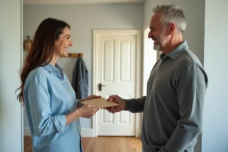 Femme remettant une enveloppe de paiement à un prestataire de service à domicile dans une entrée moderne