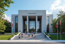 Façade moderne d'un palais de justice au Quebec avec drapeaux