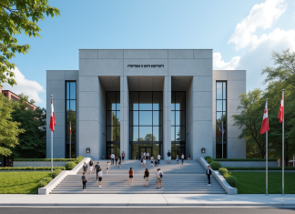 Façade moderne d'un palais de justice au Quebec avec drapeaux