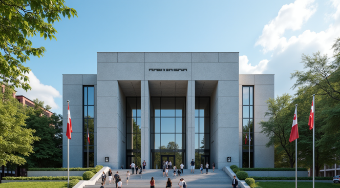 Façade moderne d'un palais de justice au Quebec avec drapeaux