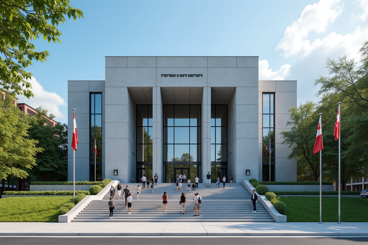 Façade moderne d'un palais de justice au Quebec avec drapeaux