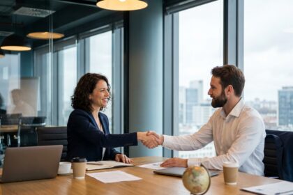 Poignée de main entre deux partenaires d'affaires internationaux lors d'une réunion professionnelle