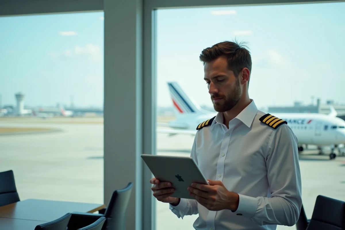 Pilote Air France consultant le portail intranet sur une tablette dans un salon d'équipage d'aéroport