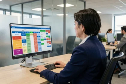 Responsable d'équipe planifiant des astreintes sur un logiciel de gestion de planning en open space professionnel