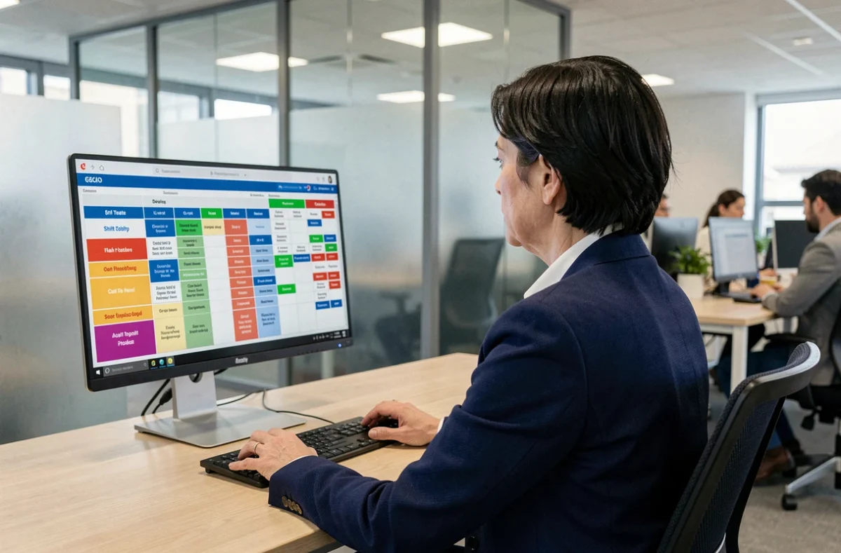 Responsable d'équipe planifiant des astreintes sur un logiciel de gestion de planning en open space professionnel
