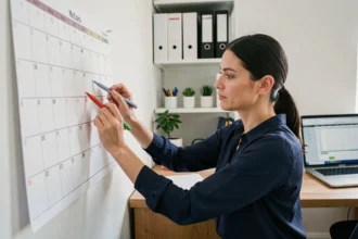 Femme organisant un planning trimestriel tournant sur un calendrier mural dans un bureau à domicile